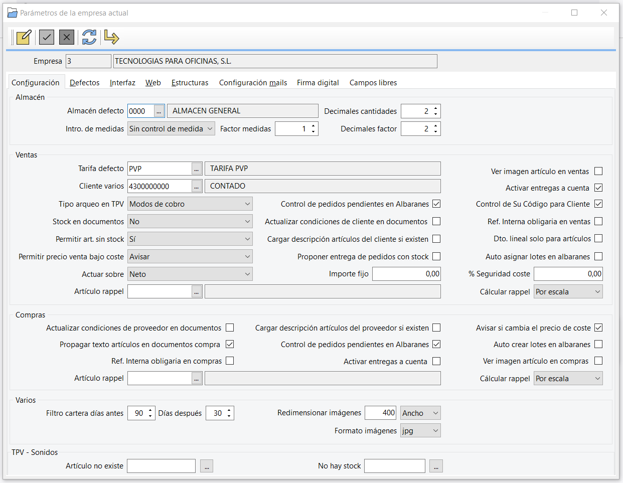 tg empresa parametros configuracion